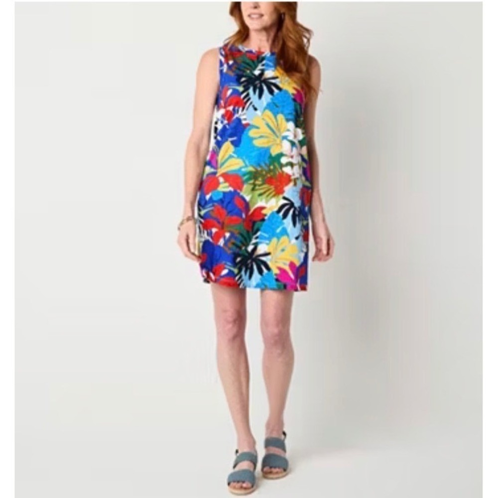 St Johns Bay Womens Tropical Floral Cotton Sleeveless Shift Dress Multicolor M